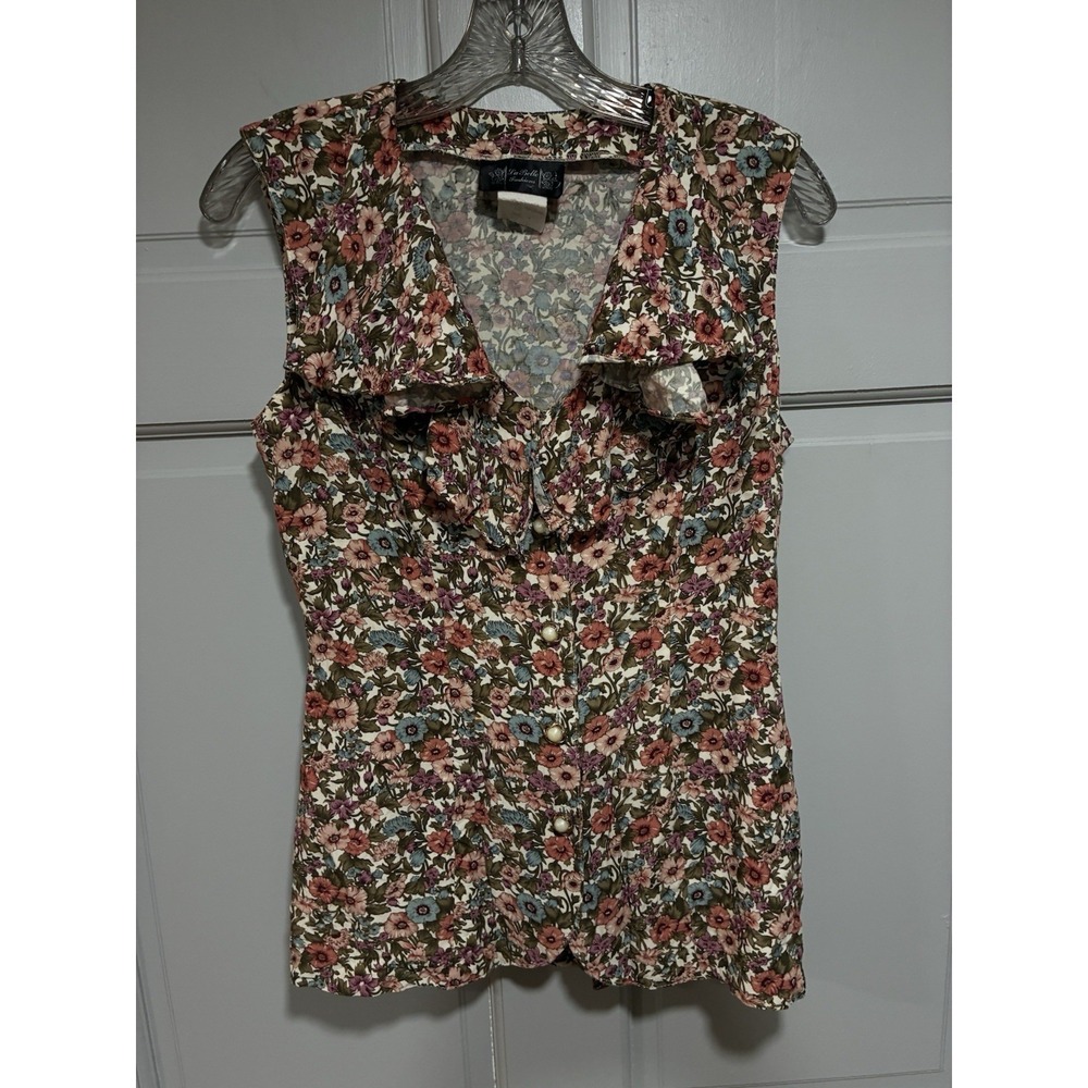 Vintage La Belle Fashion Women Blouse Size 7 Short Sleeves Gold Buttons Casual